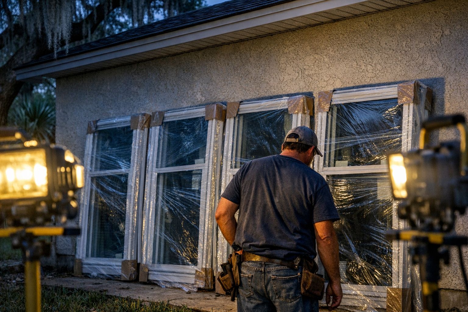 Impact-rated replacement window units staged outside a Gainesville, FL home before installation.
